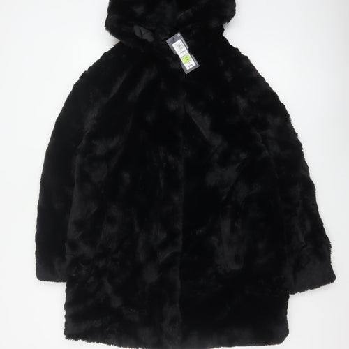 Marks and Spencer Women Black Size 12 Hooded Faux Fur Long Coat