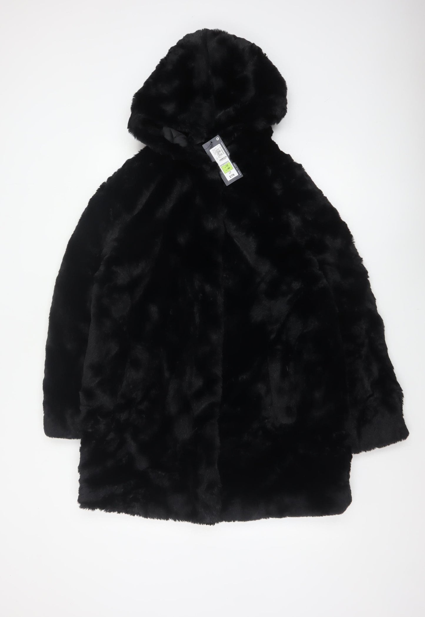 Marks and Spencer Women Black Size 12 Hooded Faux Fur Long Coat