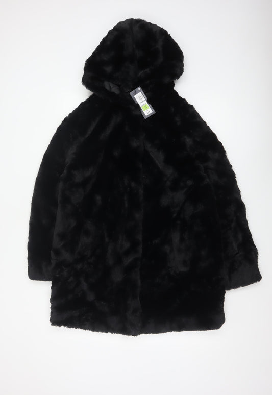 Marks and Spencer Women Black Size 12 Hooded Faux Fur Long Coat