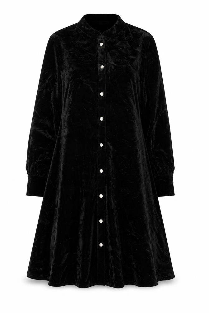 Front view of Zara Women Black M Velvet Fit & Flare Button Shirt Dress