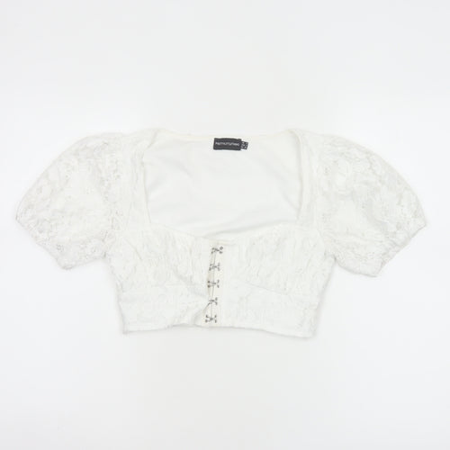 PrettyLittleThing Women White UK 6 Cropped Lace Puff Sleeve Blouse