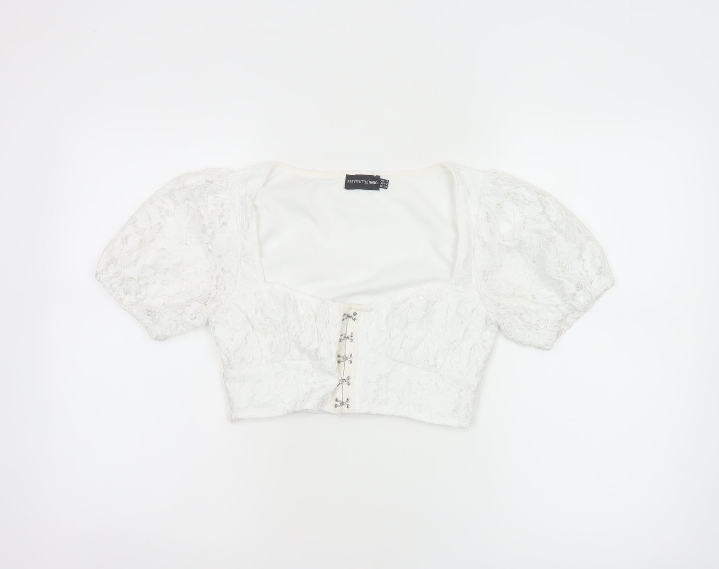 PrettyLittleThing Women White UK 6 Cropped Lace Puff Sleeve Blouse