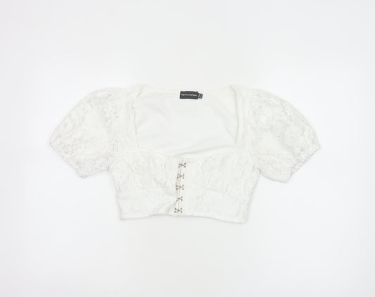 PrettyLittleThing Women White UK 6 Cropped Lace Puff Sleeve Blouse