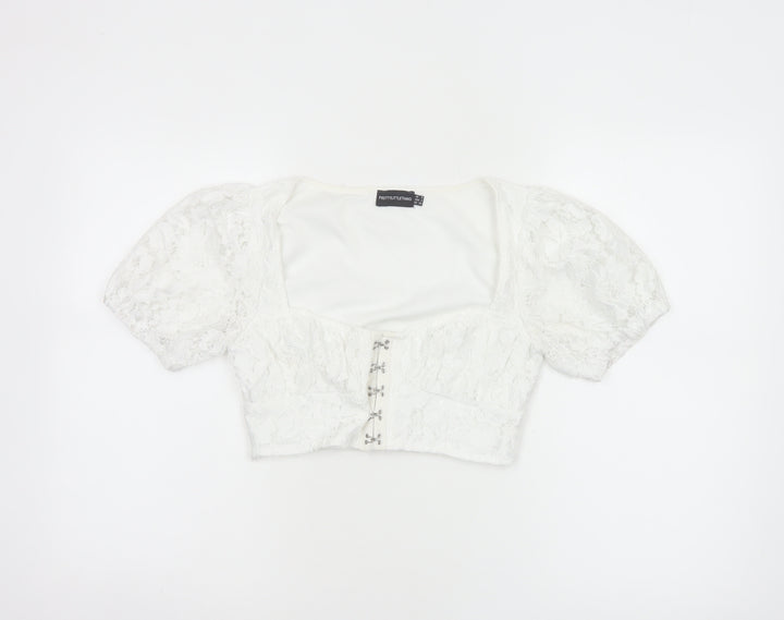 PrettyLittleThing Women White UK 6 Cropped Lace Puff Sleeve Blouse