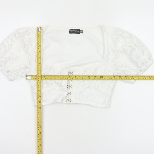 PrettyLittleThing Women White UK 6 Cropped Lace Puff Sleeve Blouse