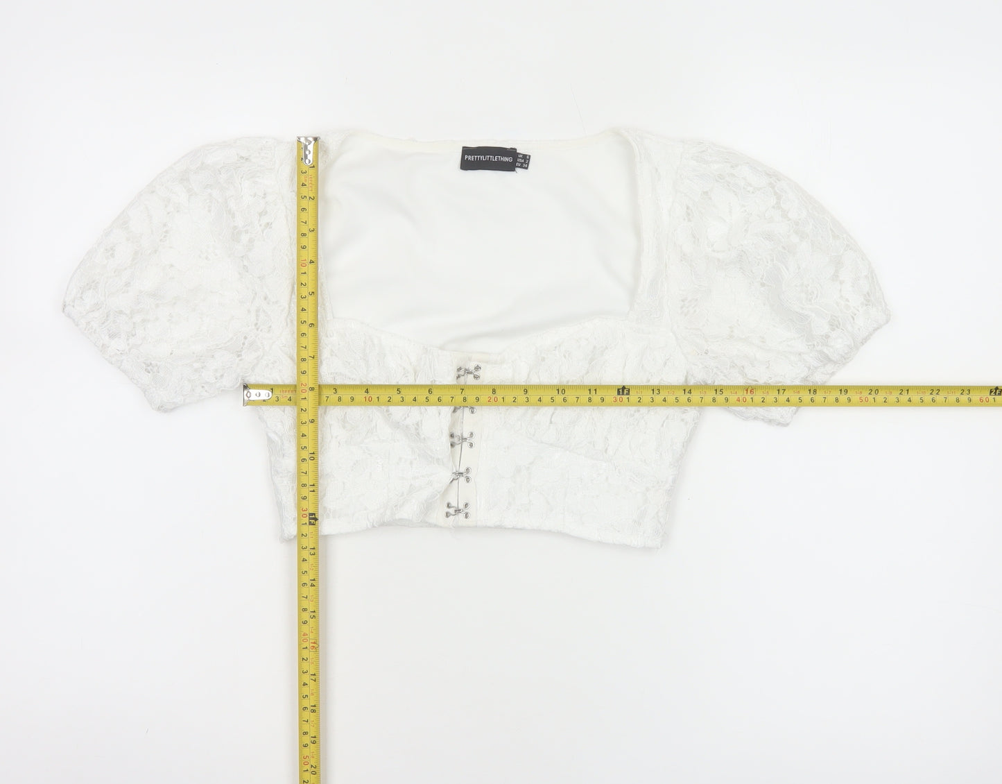 PrettyLittleThing Women White UK 6 Cropped Lace Puff Sleeve Blouse