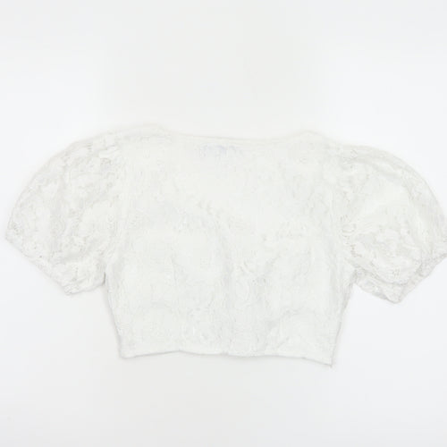 PrettyLittleThing Women White UK 6 Cropped Lace Puff Sleeve Blouse