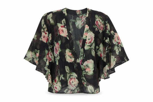 New Look Women’s Black Floral Kimono Blouse Size 8 Sheer Chiffon