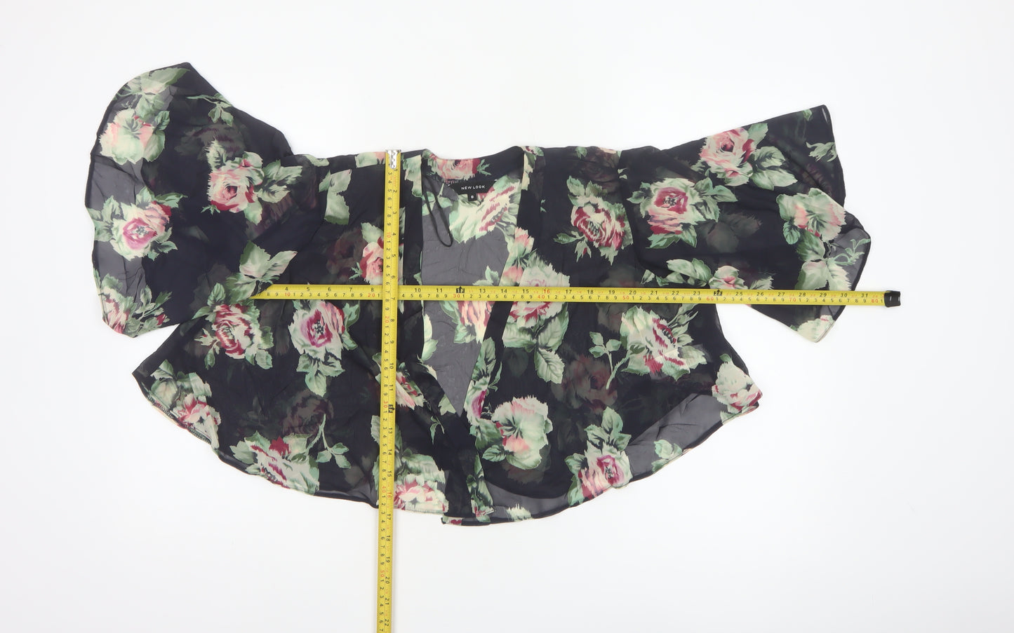 New Look Women’s Black Floral Kimono Blouse Size 8 Sheer Chiffon