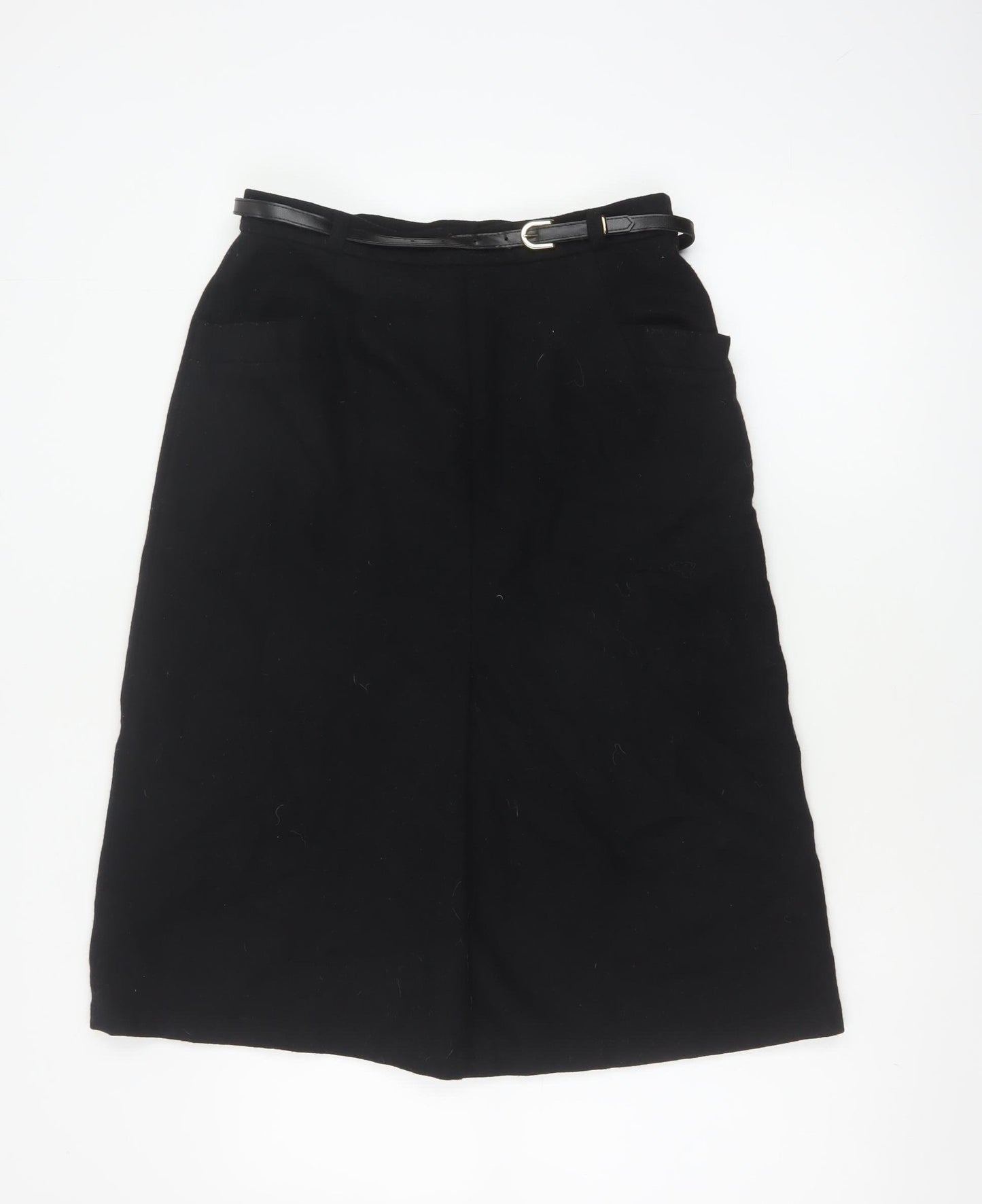 BHS Women’s Black Wool Blend A-Line Knee Length Belted Skirt UK 14