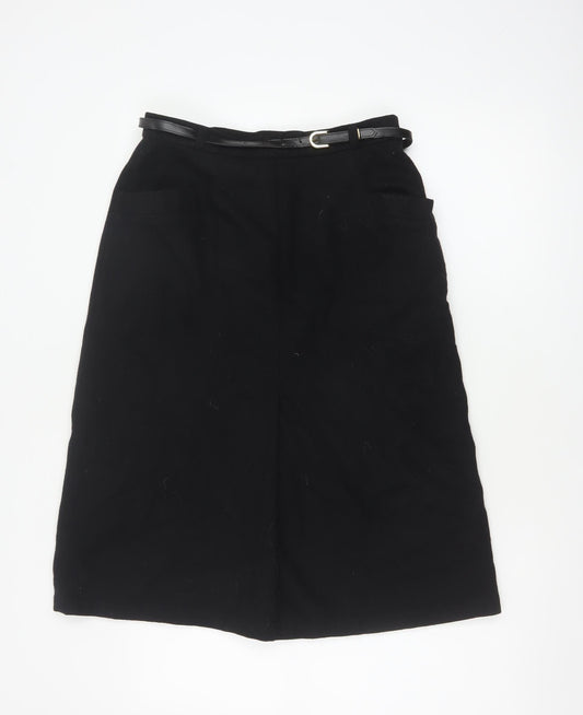 BHS Women’s Black Wool Blend A-Line Knee Length Belted Skirt UK 14