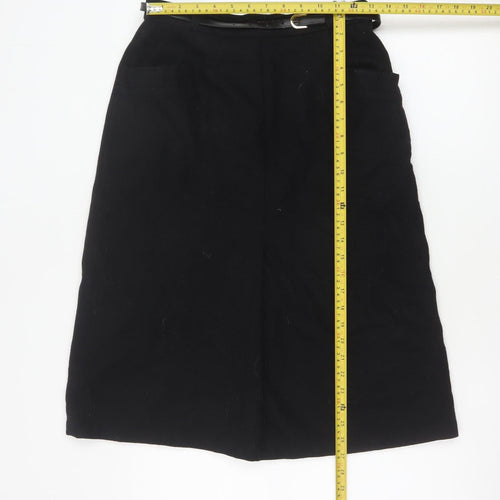 BHS Women’s Black Wool Blend A-Line Knee Length Belted Skirt UK 14