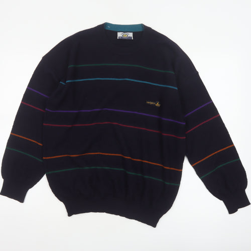 Navigare Men’s Navy Striped Logo Crew Neck Knit Pullover Jumper M