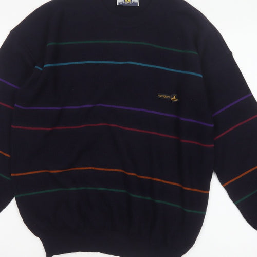 Navigare Men’s Navy Striped Logo Crew Neck Knit Pullover Jumper M