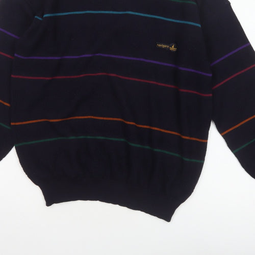 Navigare Men’s Navy Striped Logo Crew Neck Knit Pullover Jumper M