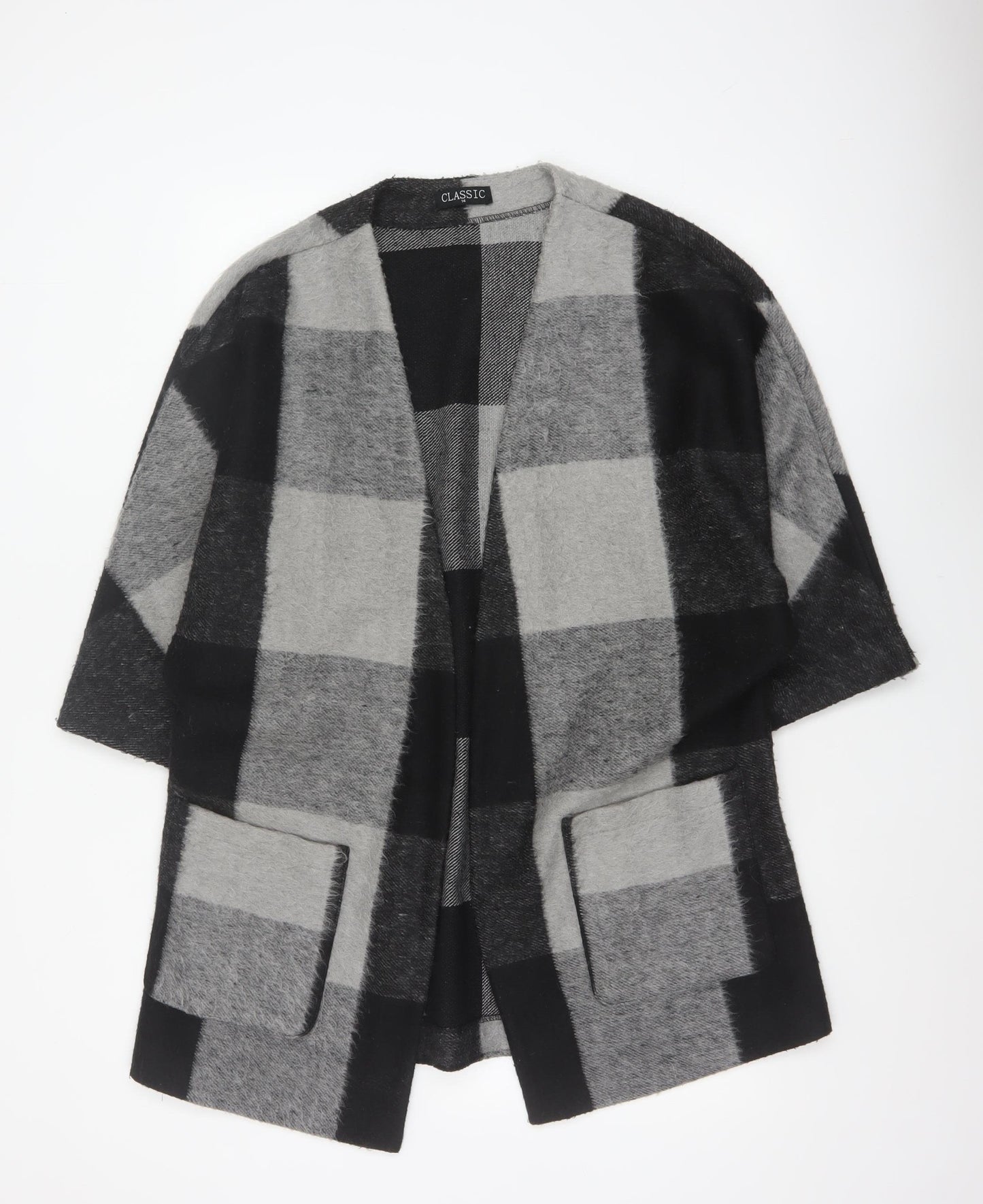 Classic Women’s Grey Black Size 14 Check Open Coatigan Pockets