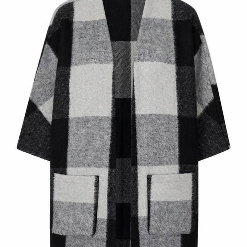 Classic Women’s Grey Black Size 14 Check Open Coatigan Pockets