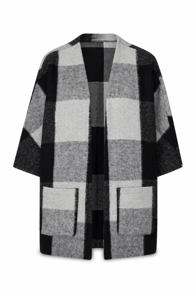 Classic Women’s Grey Black Size 14 Check Open Coatigan Pockets