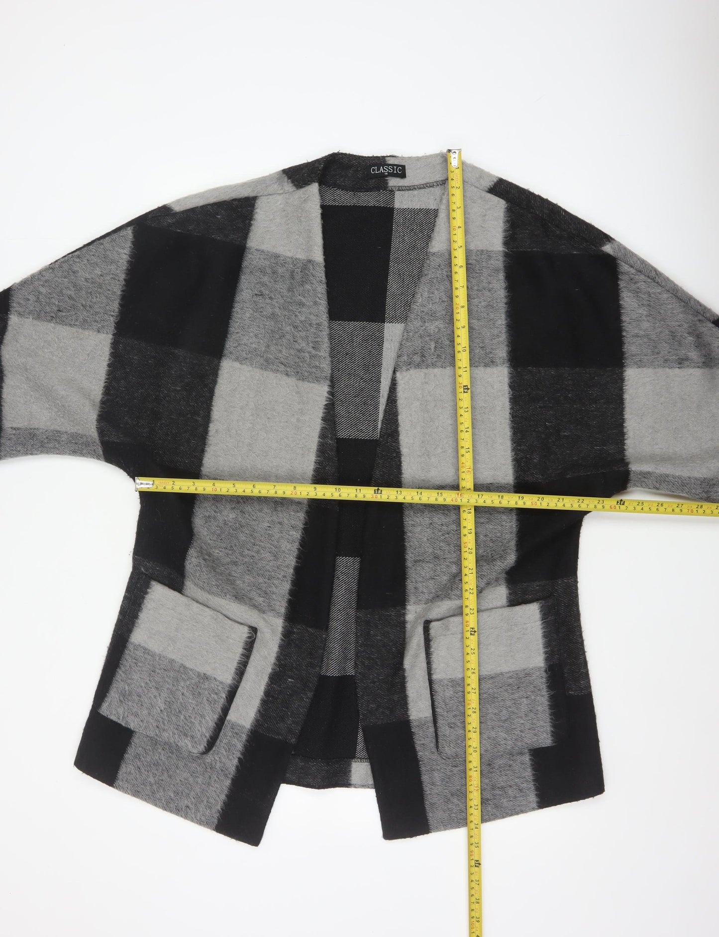 Classic Women’s Grey Black Size 14 Check Open Coatigan Pockets