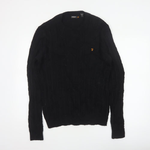 Farah Men’s Black M Cable Knit Wool Blend V-Neck Pullover Jumper