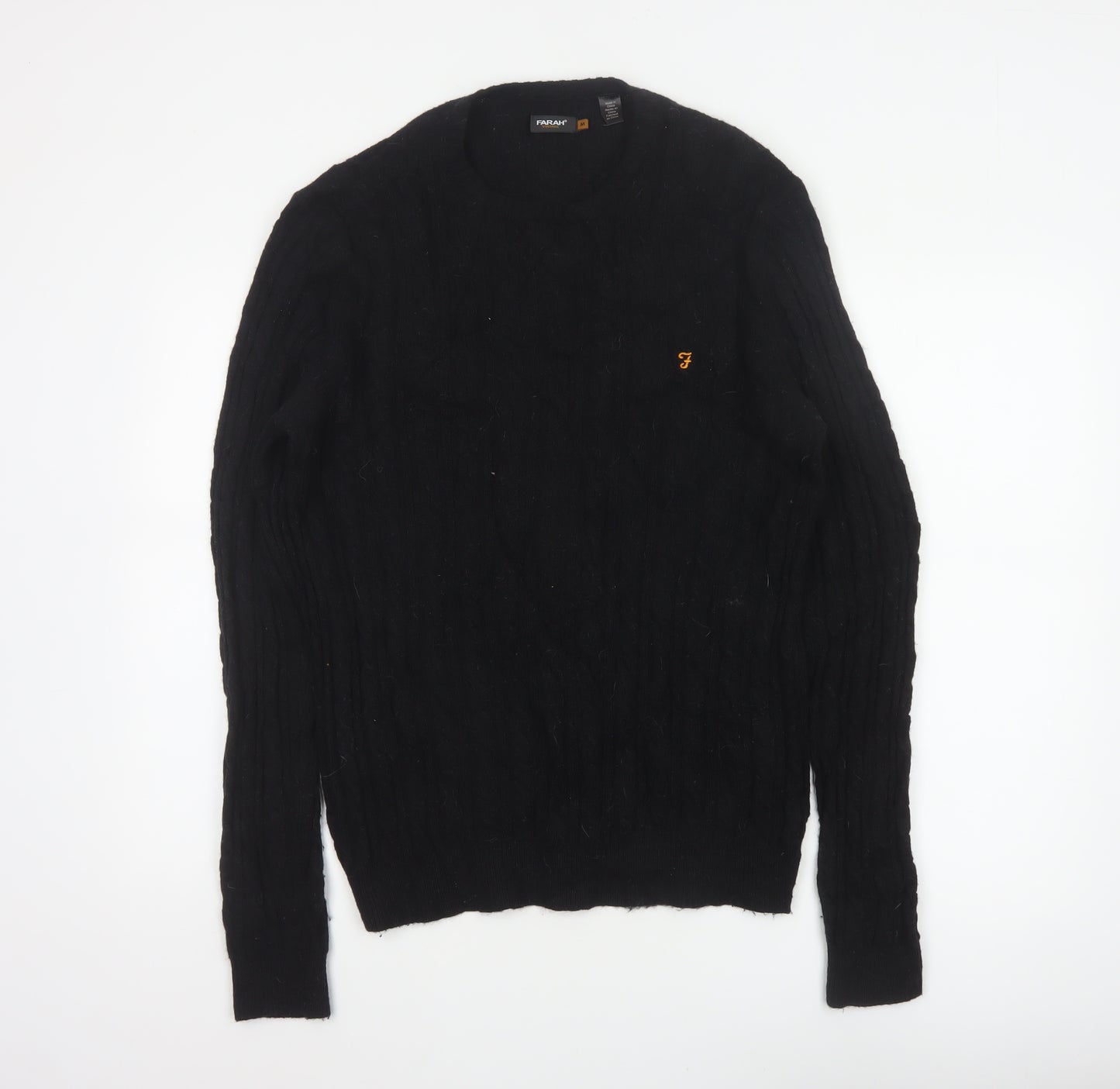 Farah Men’s Black M Cable Knit Wool Blend V-Neck Pullover Jumper