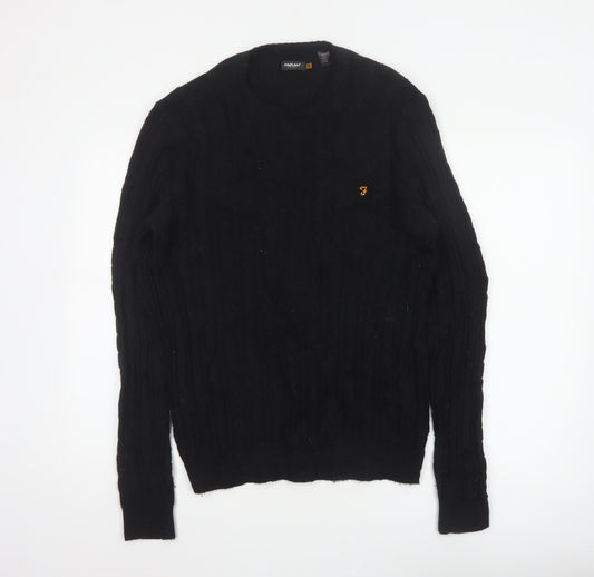 Farah Men’s Black M Cable Knit Wool Blend V-Neck Pullover Jumper