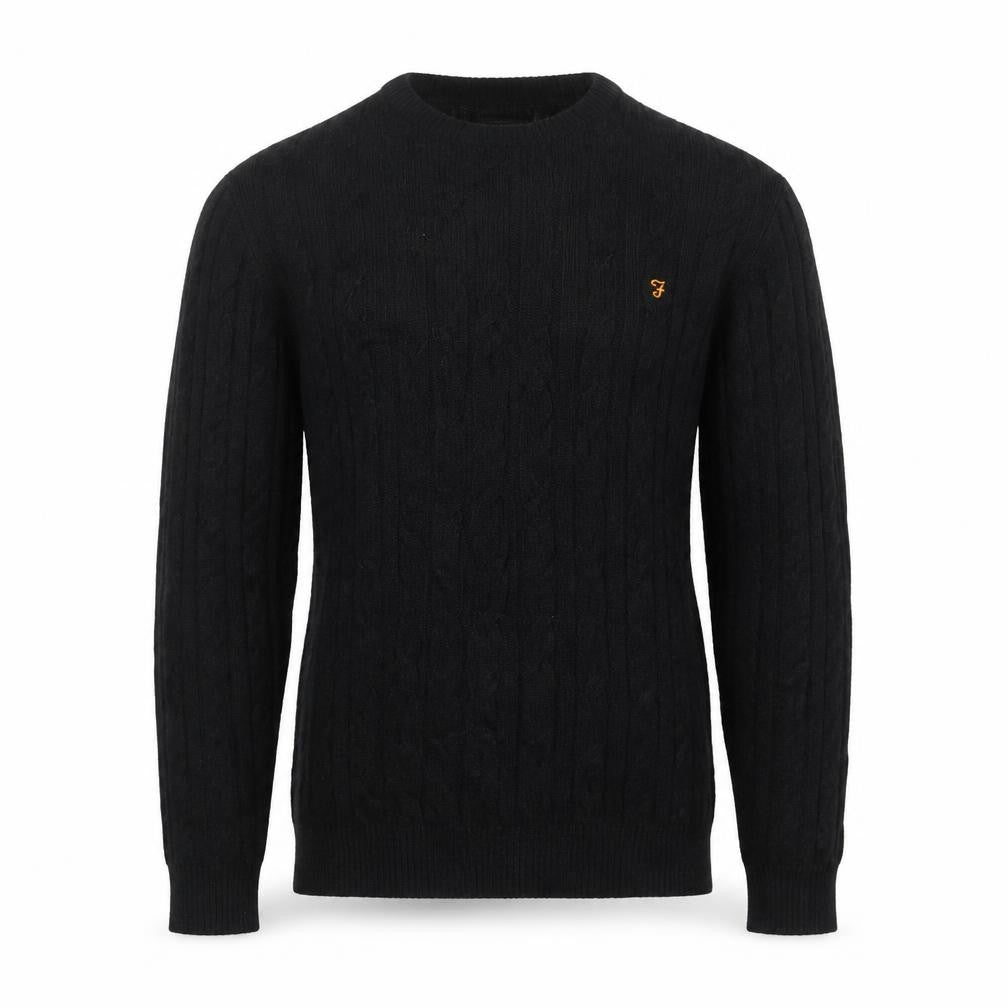 Farah Men’s Black M Cable Knit Wool Blend V-Neck Pullover Jumper
