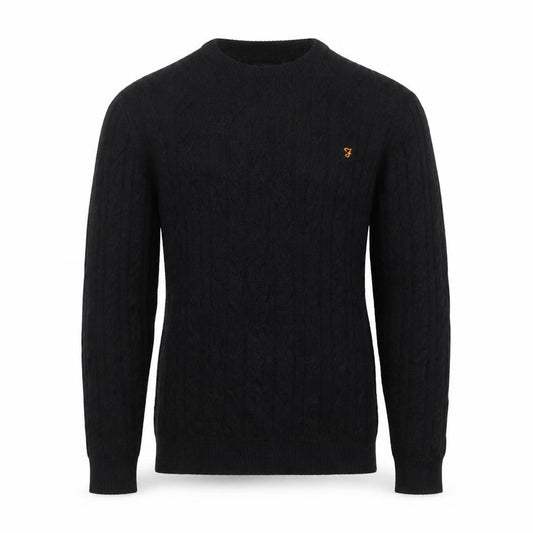 Farah Men’s Black M Cable Knit Wool Blend V-Neck Pullover Jumper