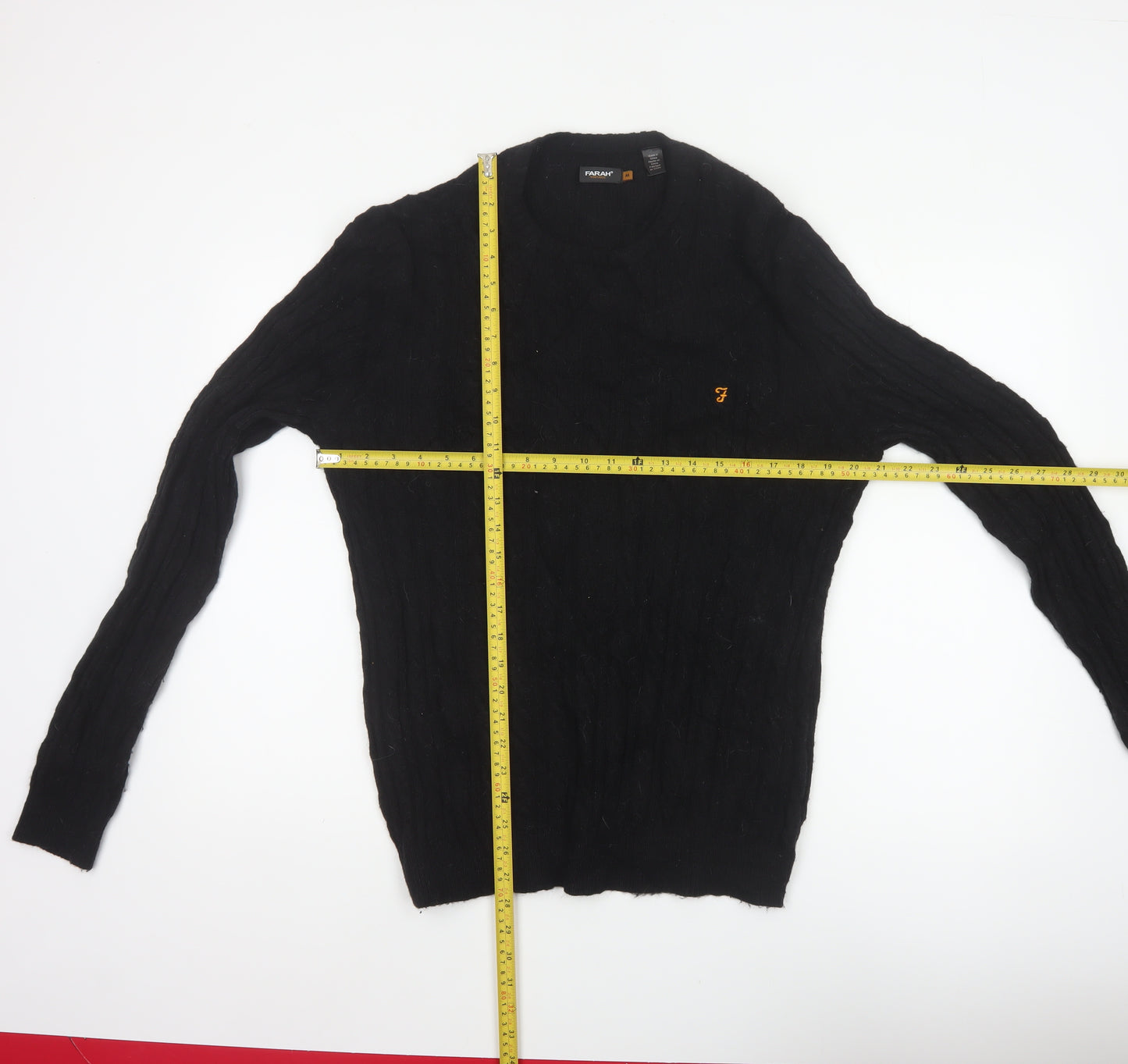 Farah Men’s Black M Cable Knit Wool Blend V-Neck Pullover Jumper