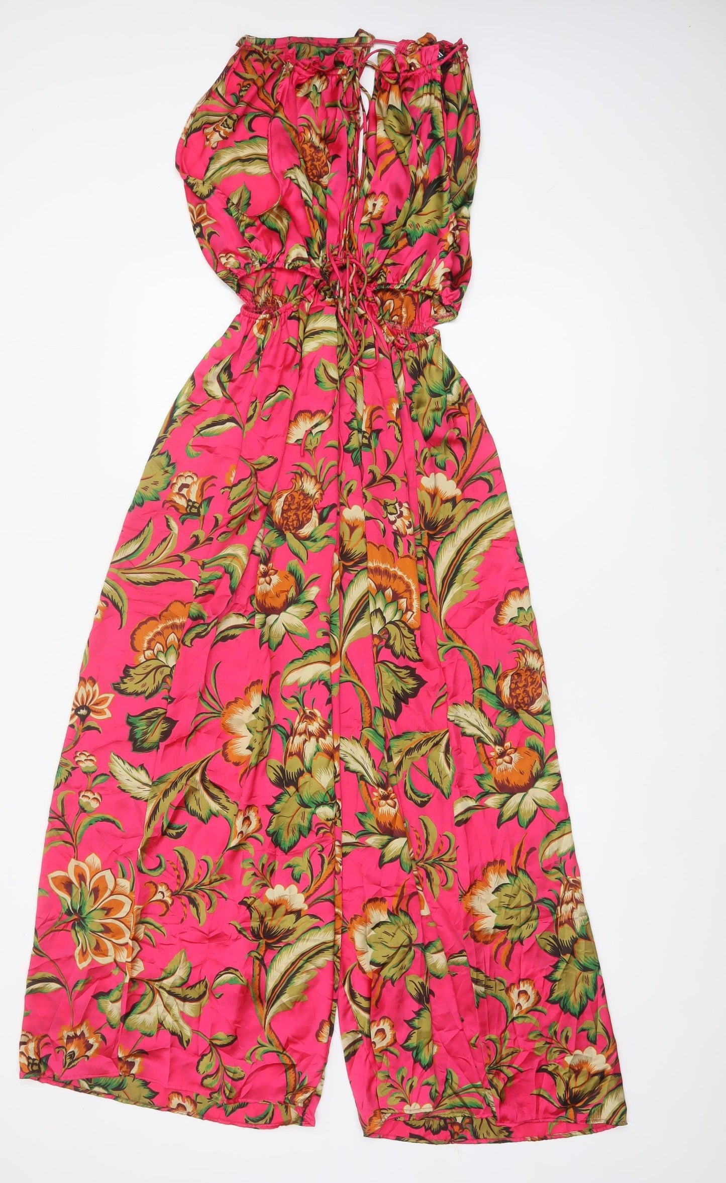 Zara Women Pink Floral Wide-Leg Jumpsuit UK 12 Tropical
