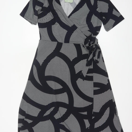 H&M Women Black Geometric Print Wrap Midi Dress Size M Tie Belt