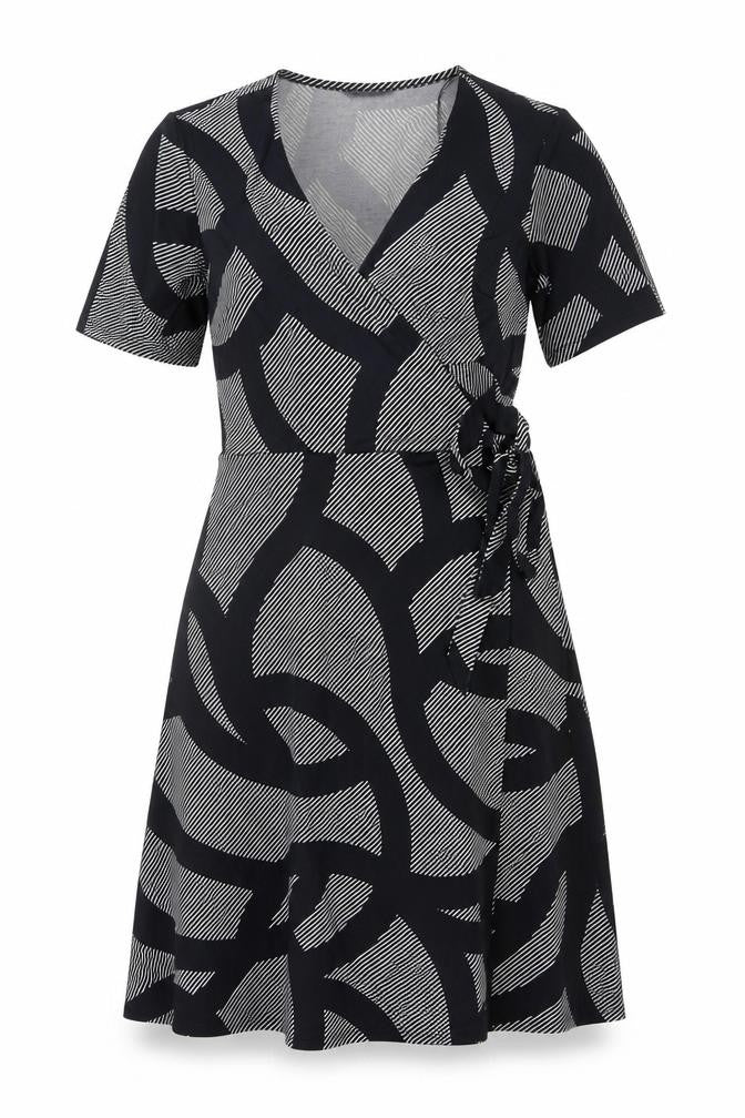 H&M Women Black Geometric Print Wrap Midi Dress Size M Tie Belt