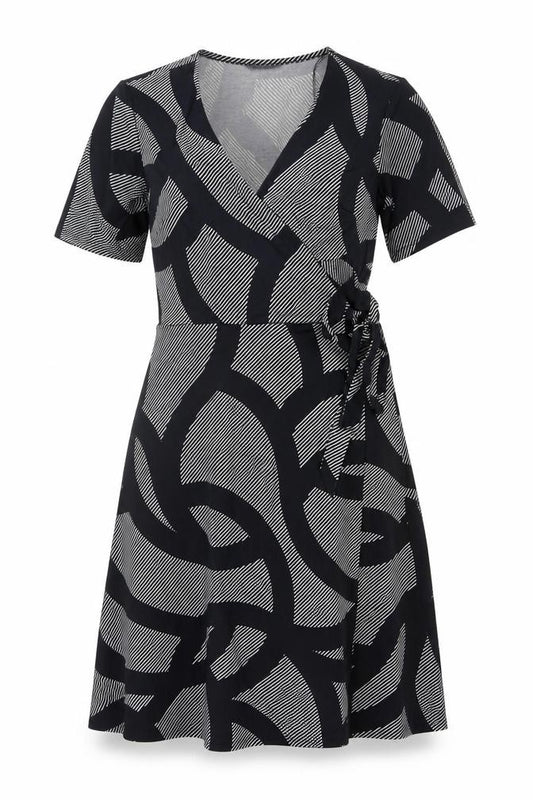 Front view of H&M Women Black Geometric Print Wrap Midi Dress, size M, Tie Belt