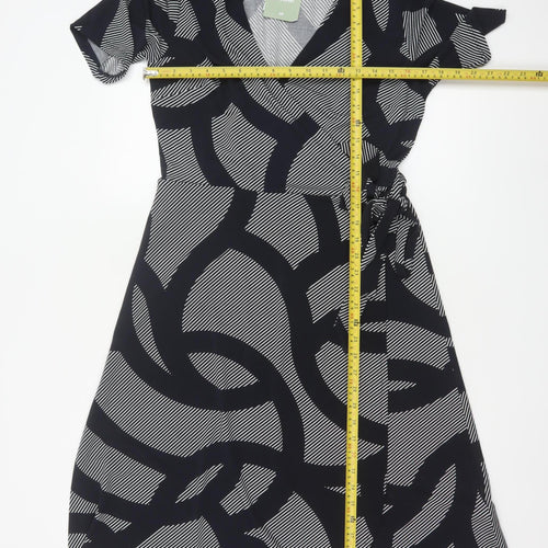 H&M Women Black Geometric Print Wrap Midi Dress Size M Tie Belt