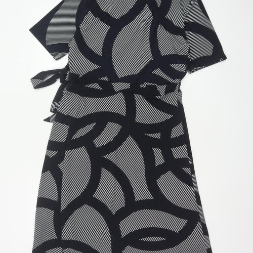 H&M Women Black Geometric Print Wrap Midi Dress Size M Tie Belt
