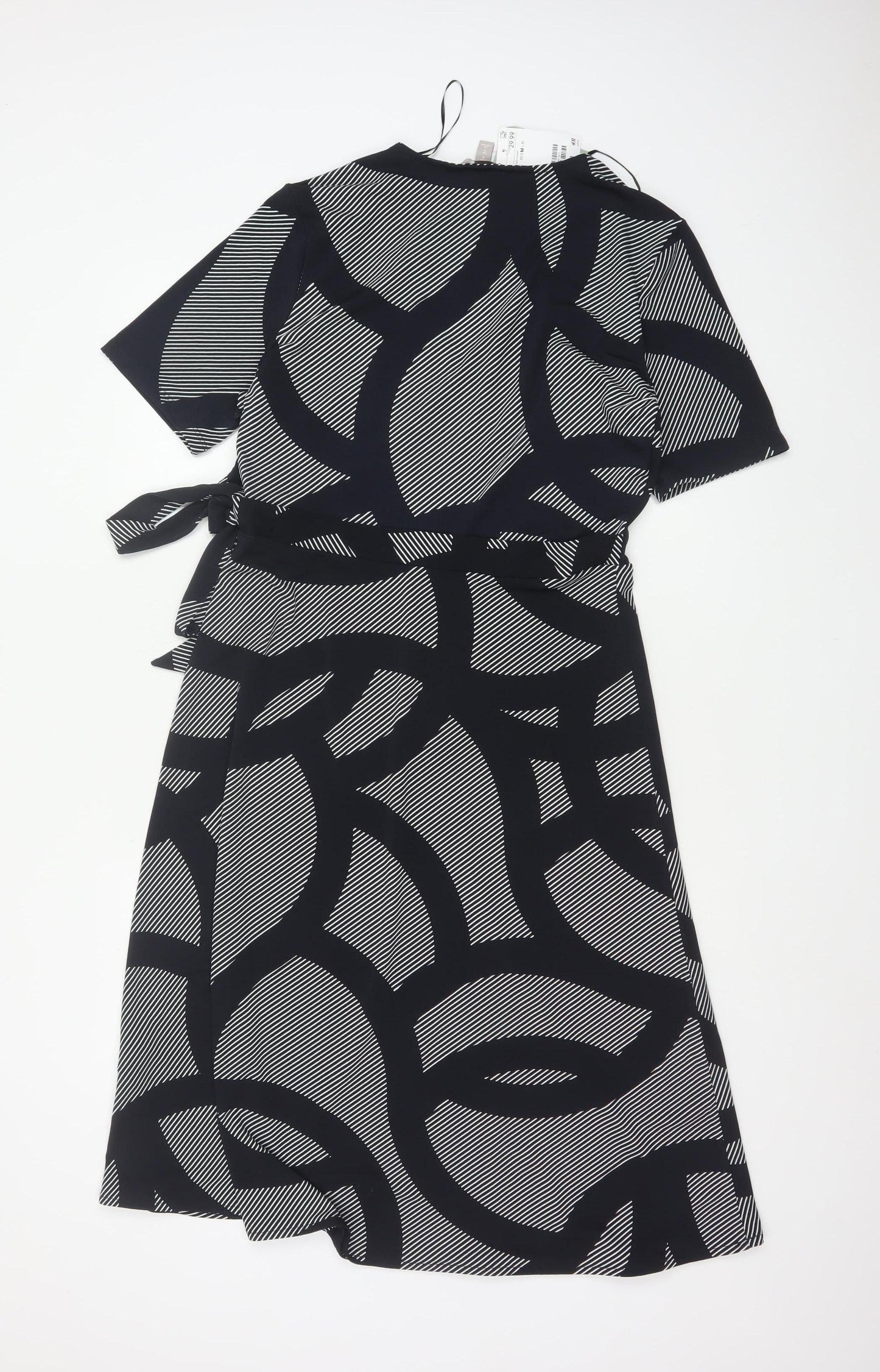 H&M Women Black Geometric Print Wrap Midi Dress Size M Tie Belt
