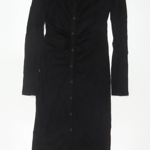 Zara Women Black M Long Shirt Dress Collared Stretch Button Front