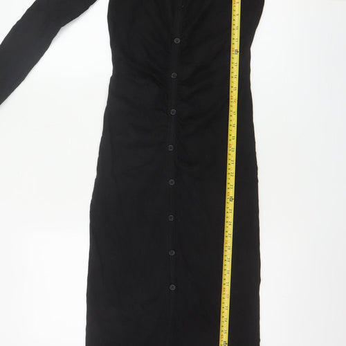 Zara Women Black M Long Shirt Dress Collared Stretch Button Front