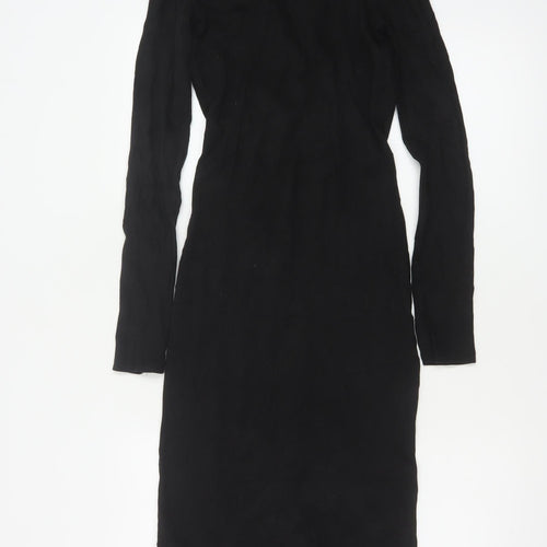 Zara Women Black M Long Shirt Dress Collared Stretch Button Front