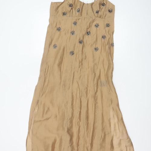 H&M Edition Women Gold UK 8 Long Fit & Flare Beaded Strappy Dress