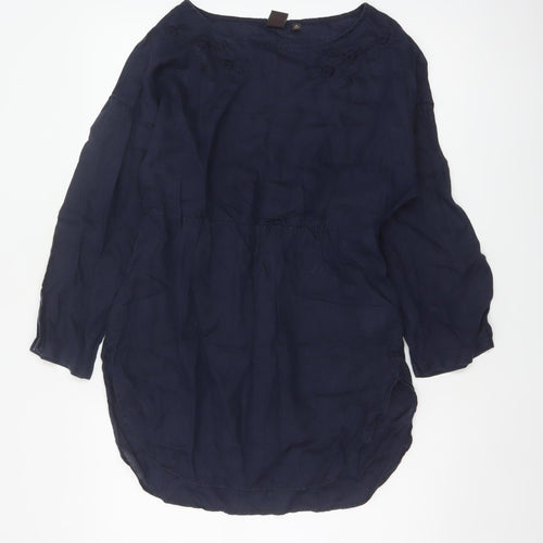 Uniqlo Women Blue XS Linen Embroidered Floral Tunic Blouse