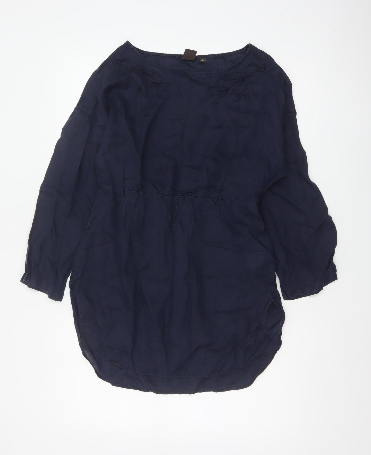 Uniqlo Women Blue XS Linen Embroidered Floral Tunic Blouse