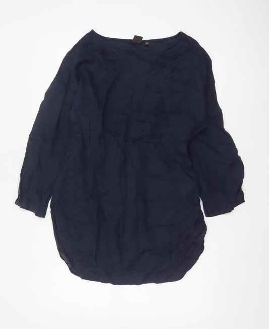 Uniqlo Women Blue XS Linen Embroidered Floral Tunic Blouse