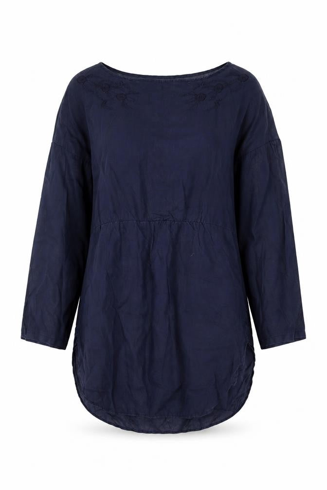 Uniqlo Women Blue XS Linen Embroidered Floral Tunic Blouse