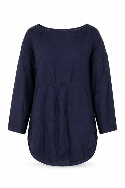 Uniqlo Women Blue XS Linen Embroidered Floral Tunic Blouse