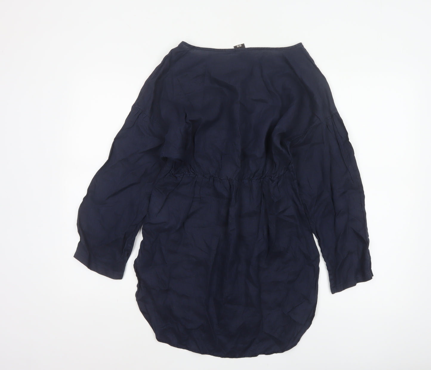 Uniqlo Women Blue XS Linen Embroidered Floral Tunic Blouse