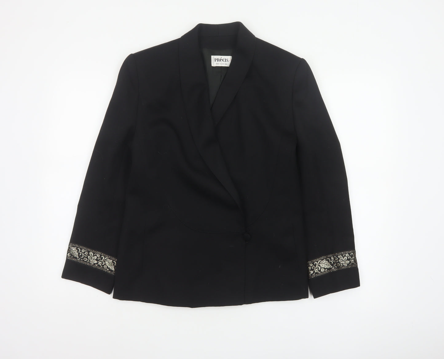 Précis Women Black UK 10 Tuxedo Blazer Wool Gold Floral Cuff Vintage