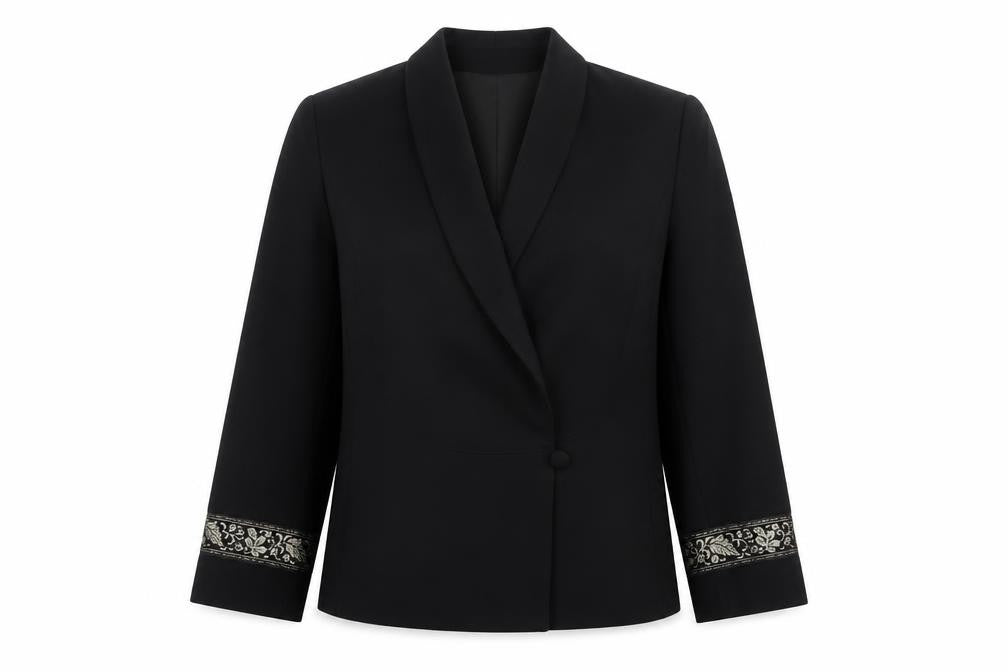 Précis Women Black UK 10 Tuxedo Blazer Wool Gold Floral Cuff Vintage