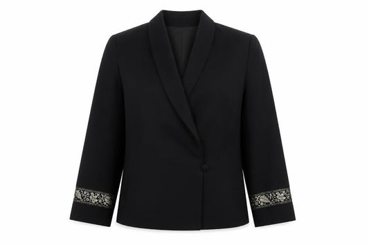 Précis Women Black UK 10 Tuxedo Blazer Wool Gold Floral Cuff Vintage