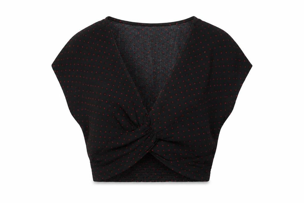 Zara Women Black Red Polka Dot Cropped V-Neck Blouse Size S